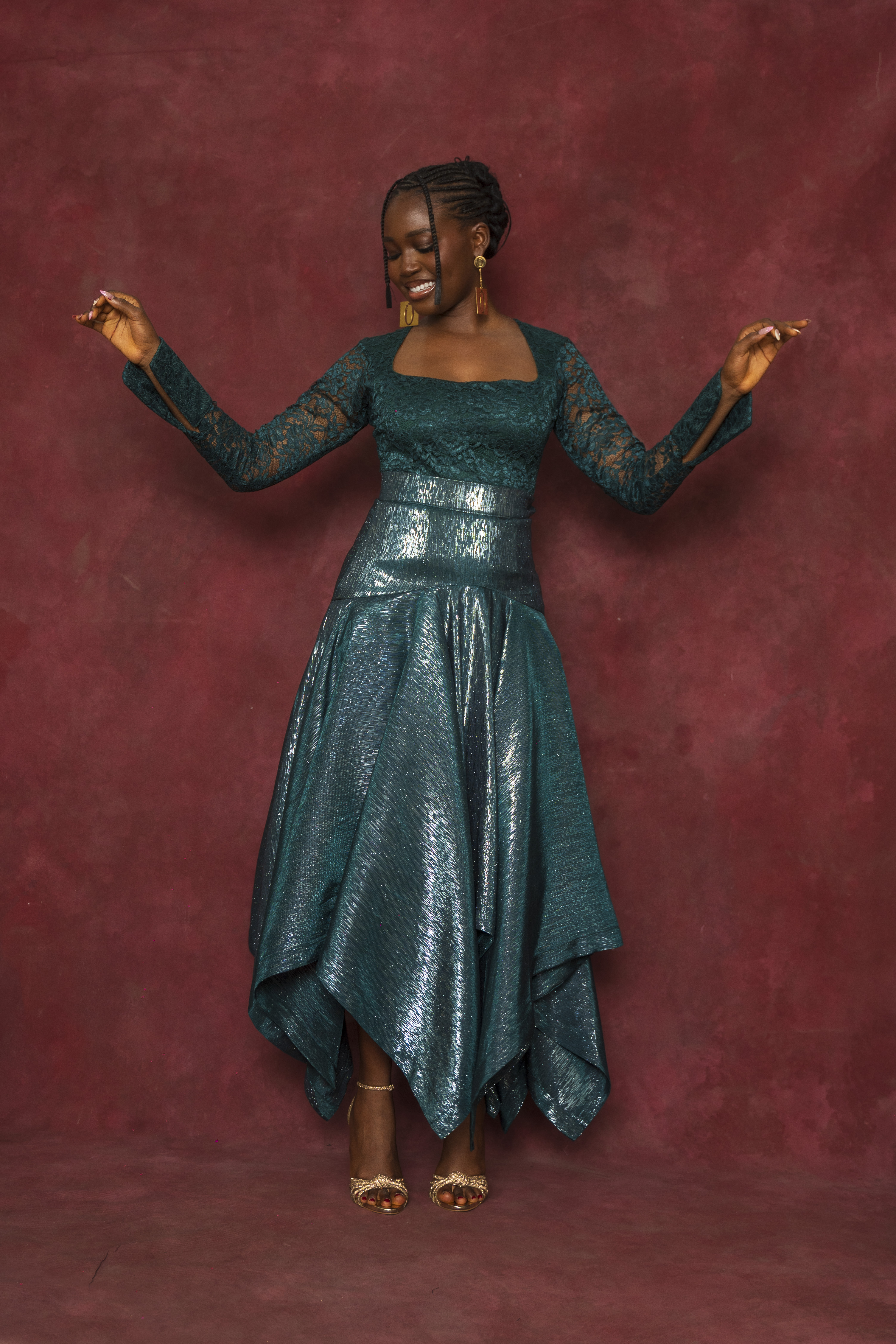 Green Lace Blouse and Uneven Hem Skirt