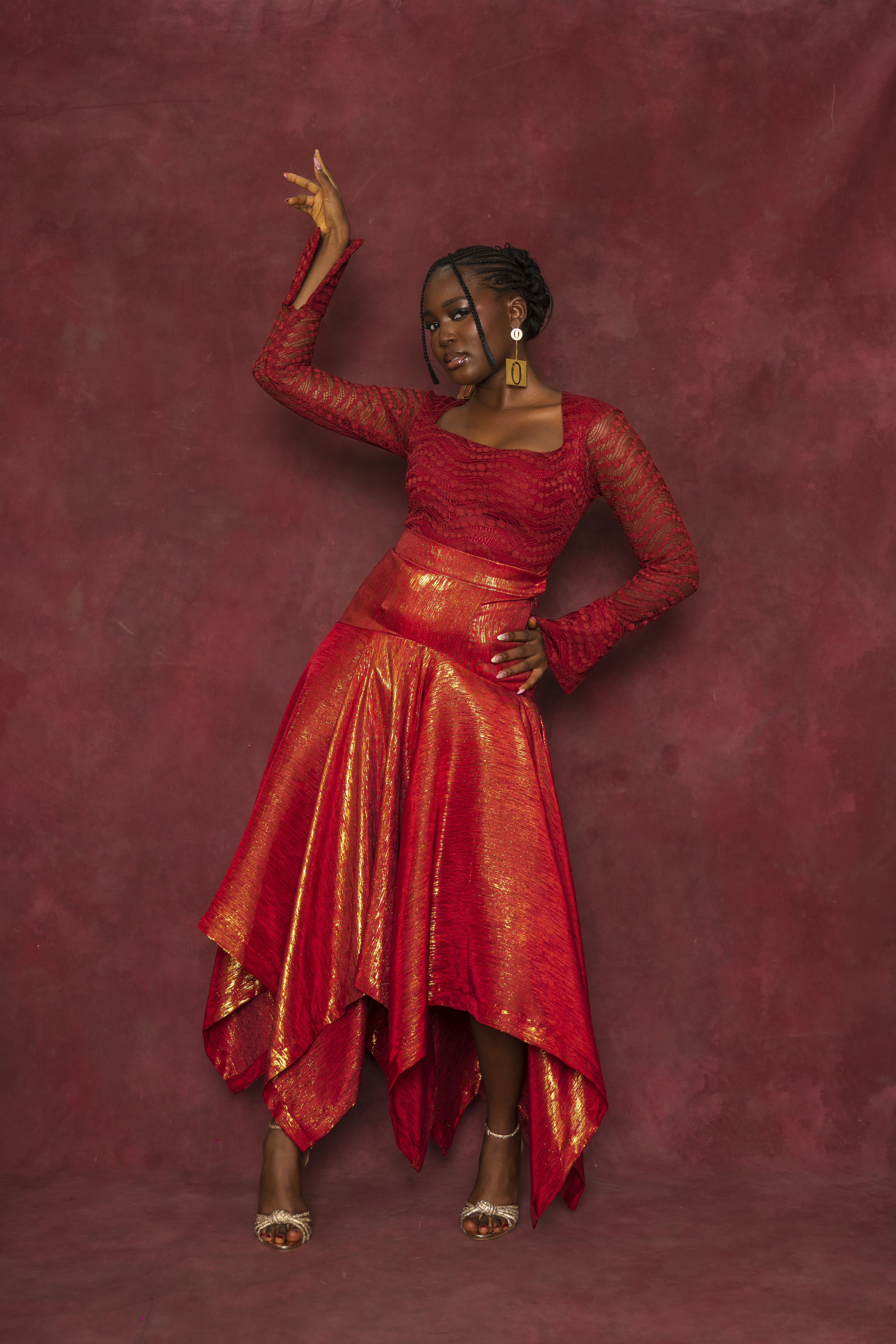 Red Lace Blouse and Uneven Hem Skirt