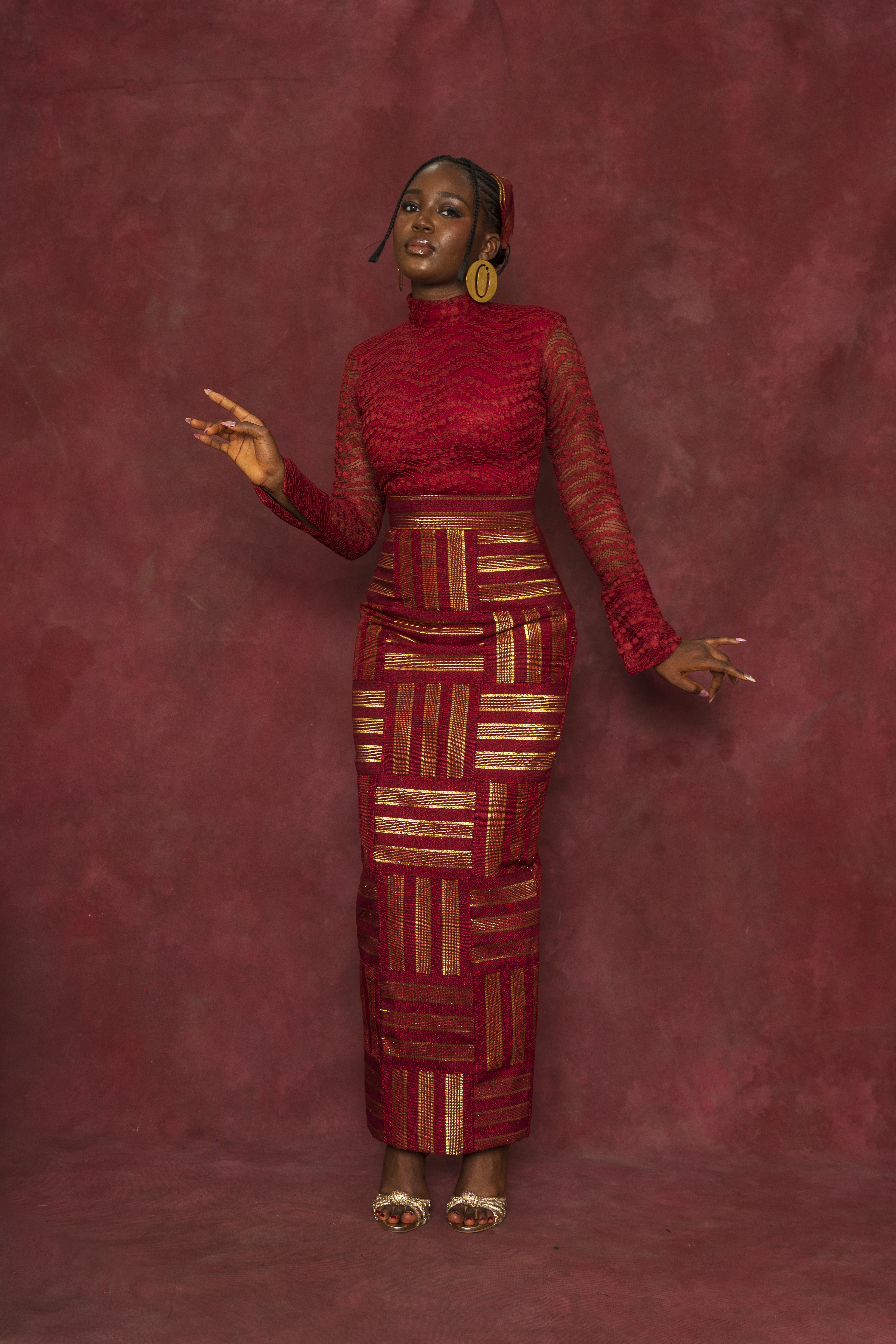 Red Lace Blouse and Rhozubic Woven Maxi Skirt