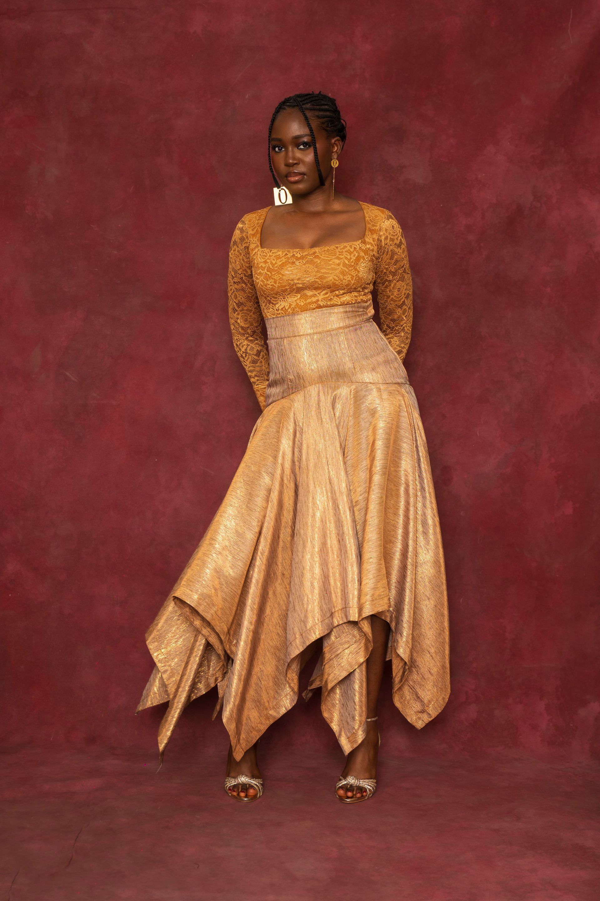 Gold Lace Blouse and Handkerchief Skirt Set