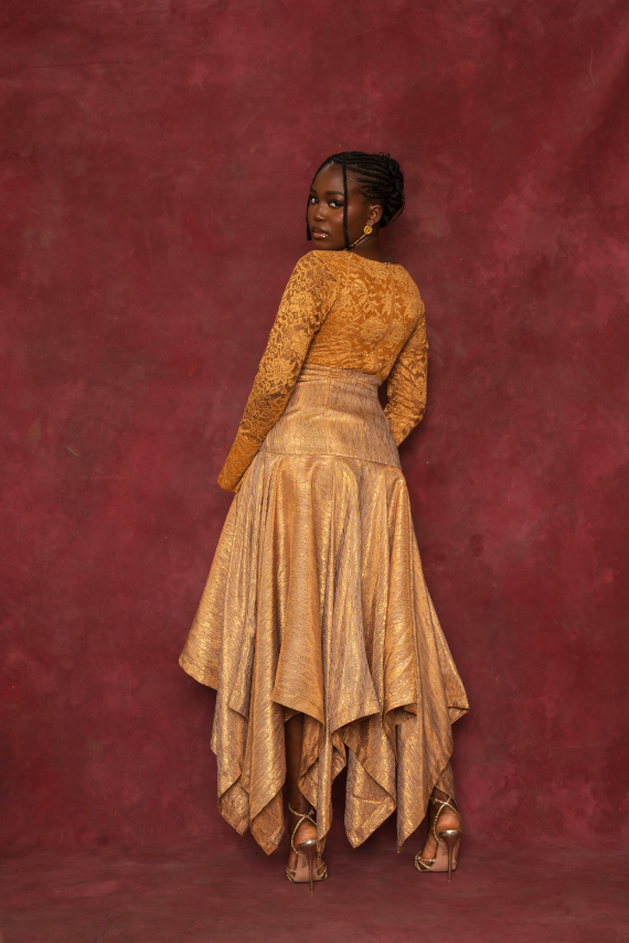Gold lace blouse and handkerchief skirt set back view
