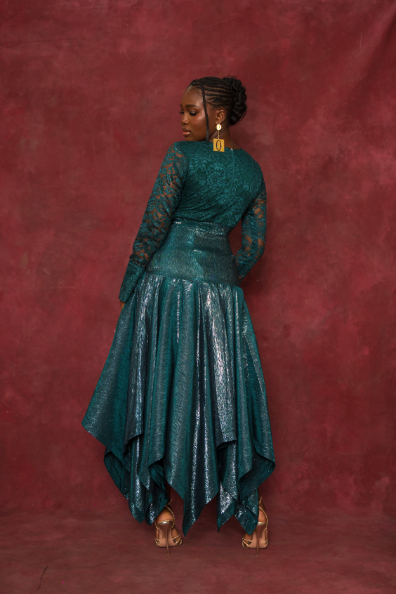 Green lace blouse and handkerchief skirt set back view