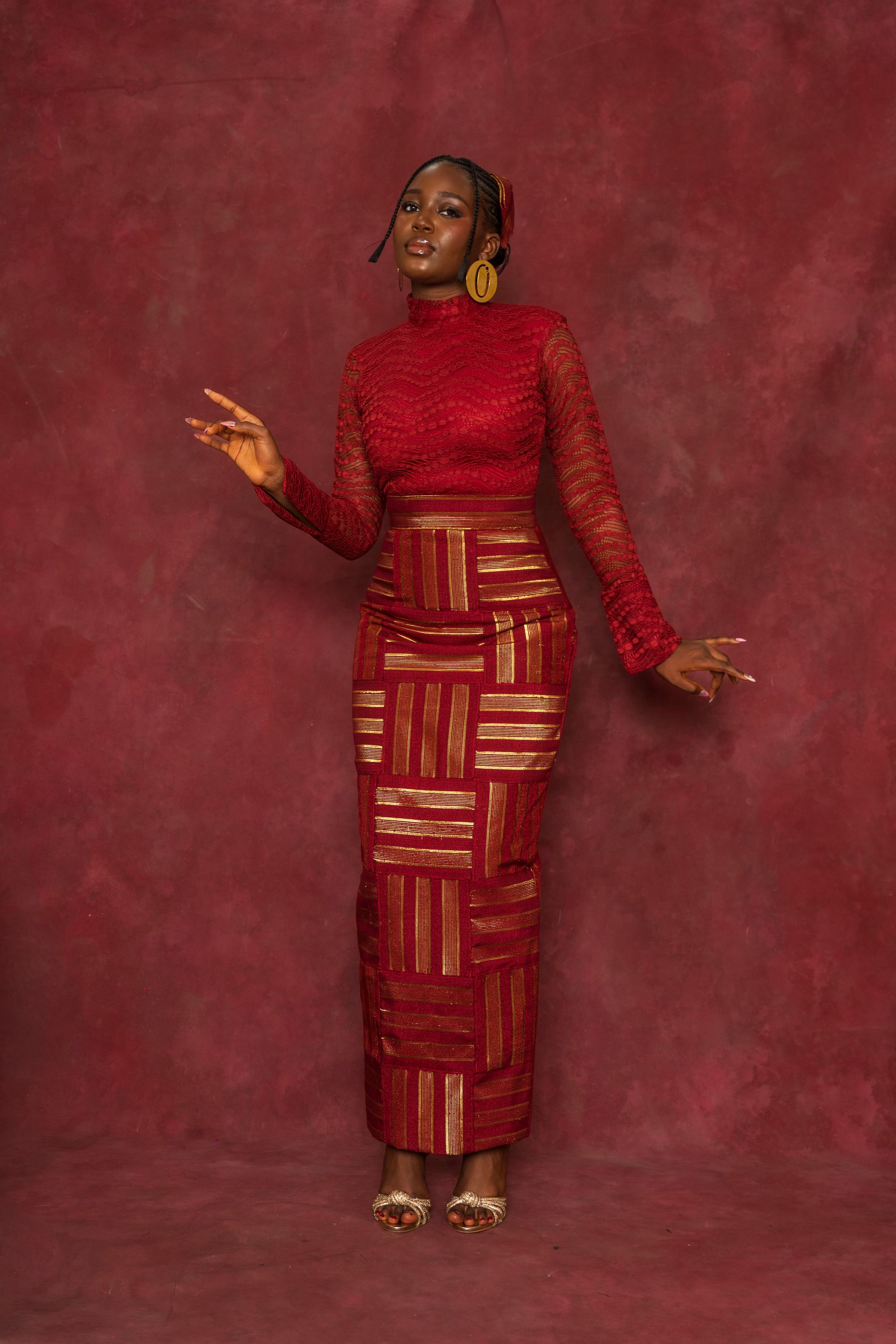 Red Lace Blouse and Rhozubic Woven Maxi Skirt