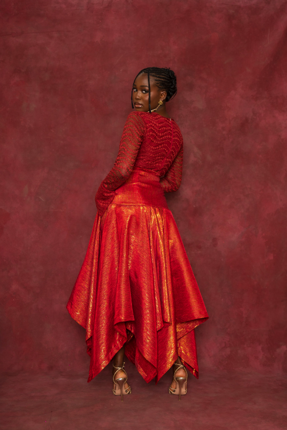 Red lace blouse and handkerchief skirt set back view
