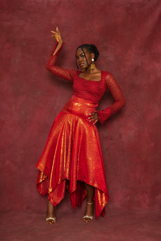 Red lace blouse and handkerchief skirt set for holidays